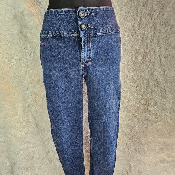 Vintage Tommy Hilfiger Women's Blue Distressed Ripped Legs Skinny Jeans Size W29 - Picture 1 of 10